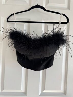 superdown Black Feather-Trim Bustier Top